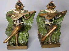 Art Deco Female Jester Harlequin Playing Lute Bookends 1930's Mandolin Bronze CL