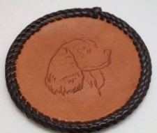 6 Vintage Leather Round Drink Coasters Braided Edge Pressed Embossed Dog Spaniel