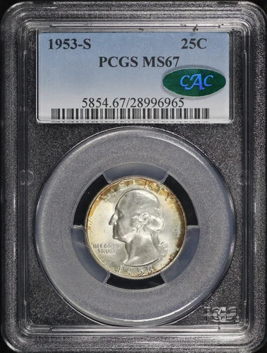 1953-S Washington Quarter PCGS MS-67 CAC - Green & Amber Rim Toning!