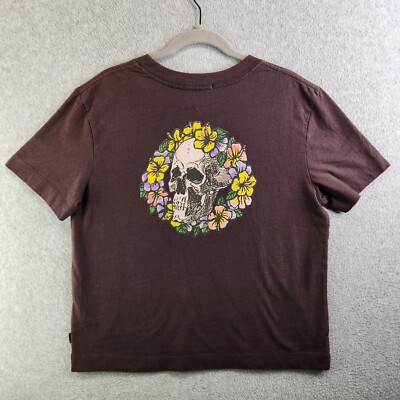 Quiksilver T Shirt Womens L Brown Skull Flowers Standard Crop Fit Tee Top