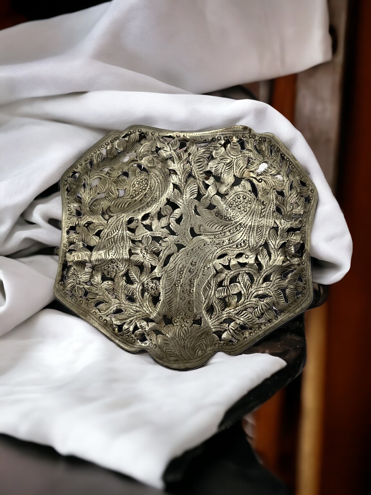 Antique Silver Engraved Etched Peacock Belt Buckle Birds Collectibles Rare