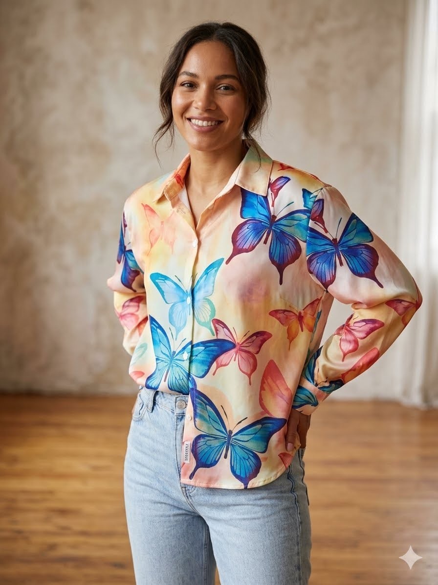 Butterfly Print Button Down Blouse Size L Long Sleeve Colorful Women Shirt