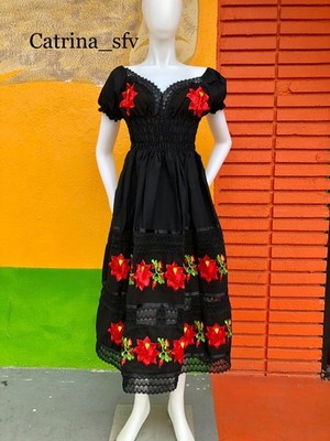 MEXICAN DRESS, CATRINA DRESS, VESTIDO  BORDADO, Frida Dress, Hand Made Dress