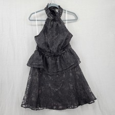 Lulus Black Floral Burnout Lace Halter Mini Dress Tiered Peplum Size L Cocktail