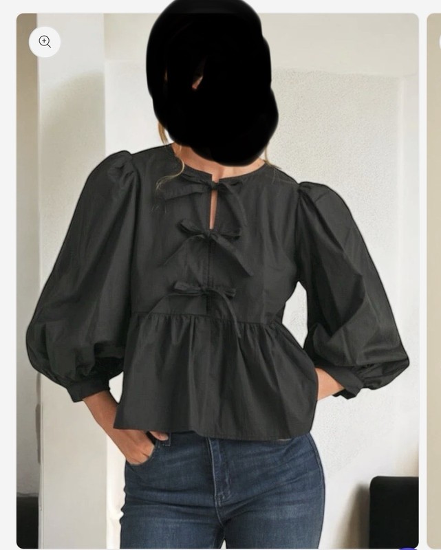 Jodifl Black Puff Sleeve Bow Tie Front Ruffle Hem Blouse Womens M B12311