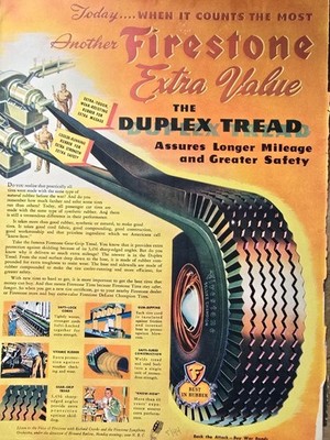 1944 Firestone Tires Highway Extra Value Duplex Tread Vintage Color Ad
