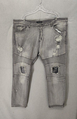 Encrypted Jeans Mens 48x34 Gray Distressed Ripped Moto Biker Stretch Denim Pants