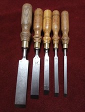Vintage Five Sheffield Steel Footprint Firmer Wood Chisels Polished Ash Handles