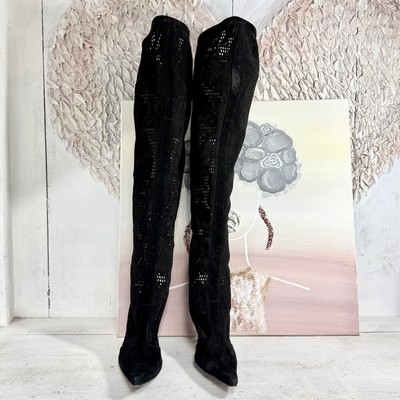 Casadei Pull On Pointed Toe Knee High Stilettos Heel Boots Black Women's  Size
