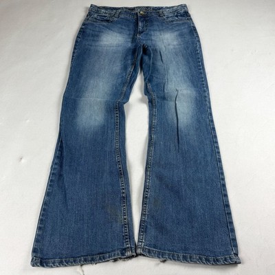 Vintage Flare Blue Denim Jeans Distressed Fade Low Rise Bootcut Festival Style