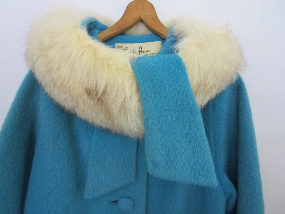 M/L Lilli Ann Luxury vintage 60s Teal Coat Fox Fur Collar Leather Gloves - Image 2 of 4