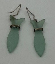 Handcrafted Seafoam Green Sea Glass Carved Fish Silver Wired Wrapped Earrings