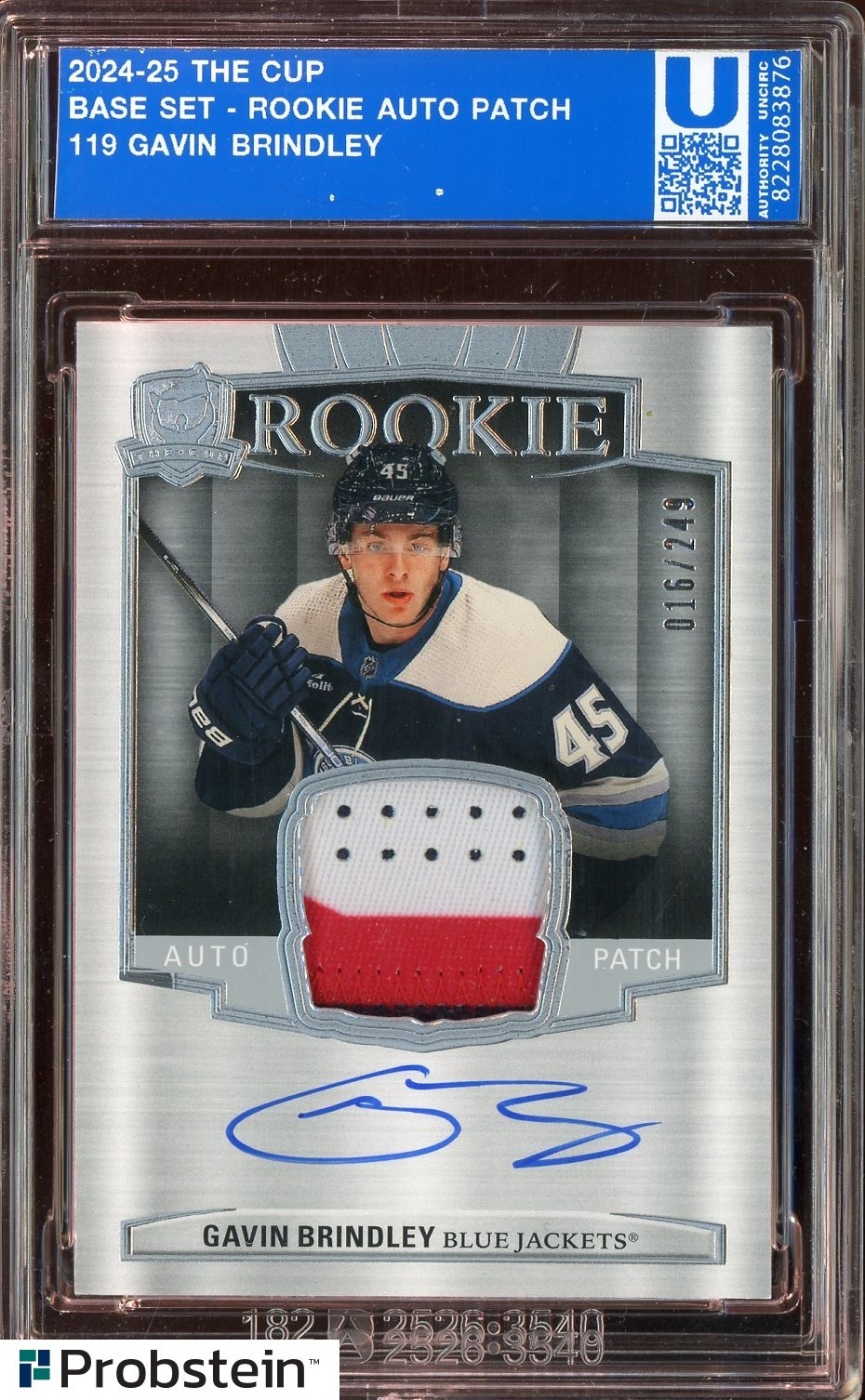 2024-25 UD The Cup Hockey #119 Gavin Brindley RC Patch AUTO /249 TA Slabbed