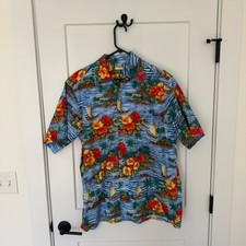 Vintage Go Barefoot Floral, Palm Tree, Boat All Over Print Hawaiian. Made in USA