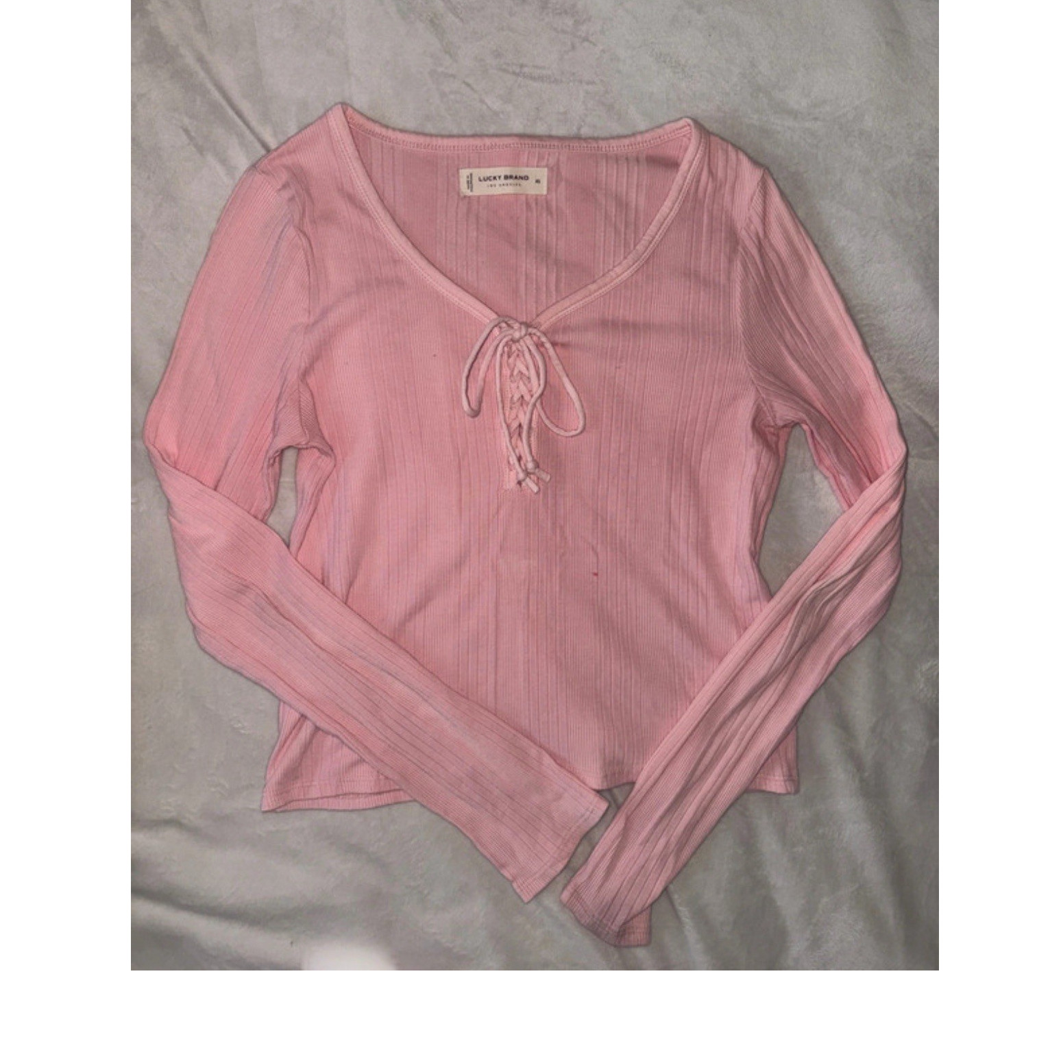 Lucky Brand Tie Front Cropped Knit Blouse Pink V-Neck Long Sleeve XS