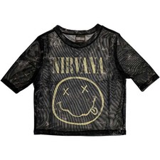 Nirvana Mesh Crop Top T Shirt Yellow Smile Band Logo new Official Womens Black