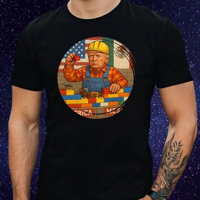 Mens Trump Builds A Wall Motif Cotton T-Shirt Size S to 5XL