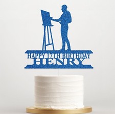 Personalised Man Artist Painting Birthday Glitter Cake Topper Any Age Name