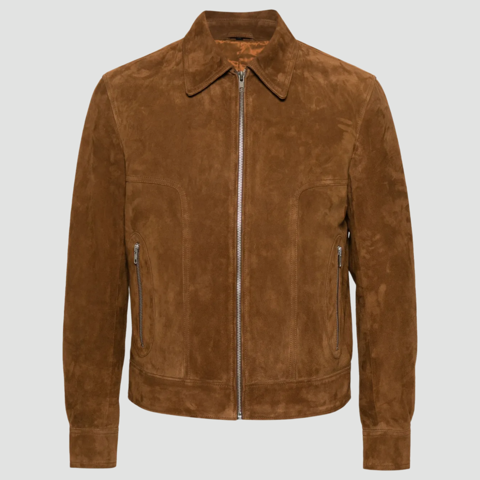 Men's Brown Suede Leather Jacket Vintage Zip Up Bomber Coat Classic Retro Style