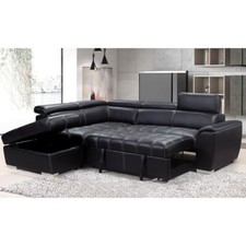 New Nevada Leather Corner Sofa Bed Black 4 to 5 Seater Storage Ottoman Headrest