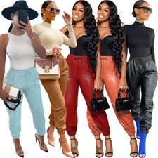 Womens Ladies Faux Leather High Waist Joggers Jogging Bottoms Pants Trousers