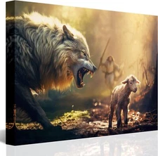 Jesus and Lamb Canvas Wall Art Jesus Running After Lost Lamb Picture Wall Art