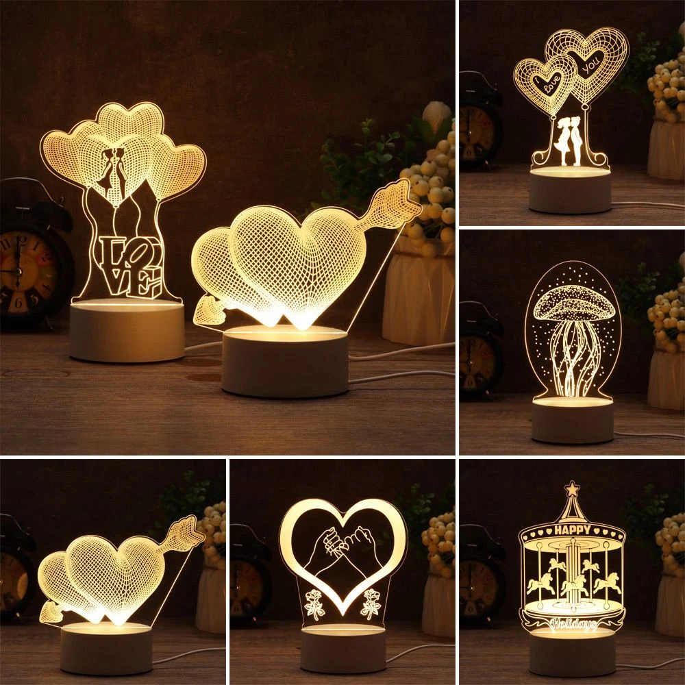 Rabbit Heart Love Luminous Table Lamp Acrylic LED Night Lights 3D LED Light