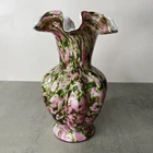 Fenton Ruffled Vase  Vasa Murrhina Glass Rose Pink Adventurine Green 7.5" Tall