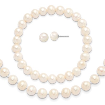 Silver 7-8mm White Near-Round FW Pearl Necklace; Bracelet & Earrings Set