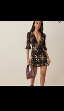 Reformation Laurelei Dress Black Mini Tie Ruffle Plunge Puffed Sleeve 2