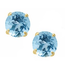 14K Solid Yellow Gold March Aquamarine Round Shape Stud w/ Screw Back Earring