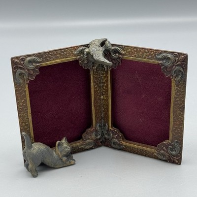 Art Nouveau Standing Dbl Side 3.5 x 2.5 in Picture Frame Cat Bird Cast Mix Metal