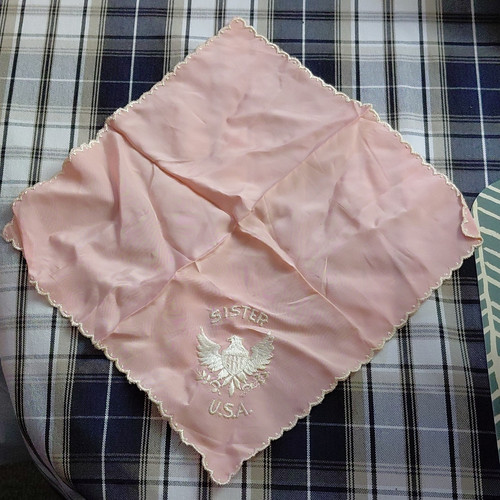 Vintage Pink White Solid Embroidered SISTER U.S.A. Eagle Handkerchief.