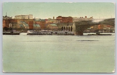 St Louis Riverfront Eads Bridge Levee Barge C1920s Postcard AJ12
