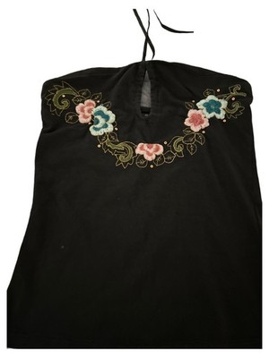 ZARA BASIC Damen Neckholder Top bestickt floral Gr. 38 M Schwarz Baumwolle