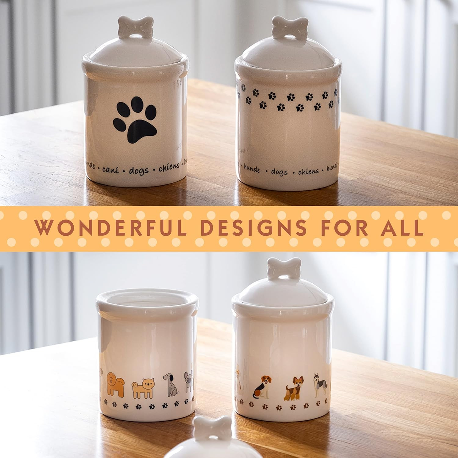 Dog Treat Jar &ndash; Ceramic Storage Canister with Lid & Bone Handle, 30oz