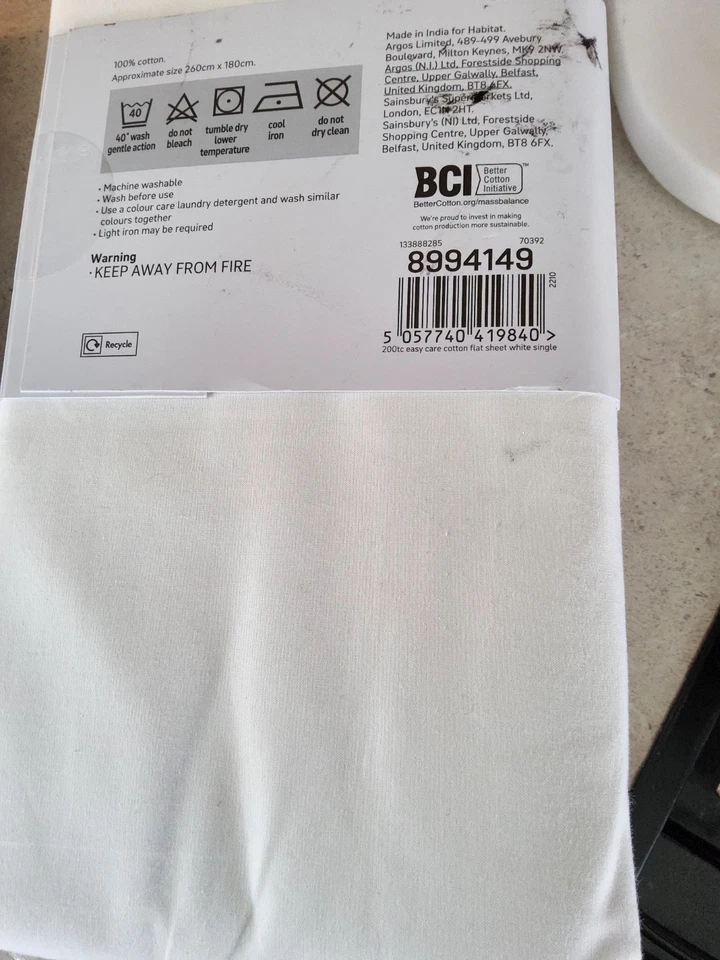 Sábana bajera blanca plana individual Habitat y par de 2 fundas de almohada blancas de hotel nuevas ver fotos Foto 4 de 4