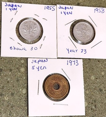 LOT 3 COINS~JAPAN JAPANESE 1 YEN (1955 & 1958)  5 YEN (1973) FOREIGN CURRENCY