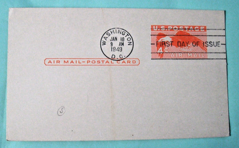 US #UXC1 First Day ,4c  1949 Airmail, Postal Card, Washington DC