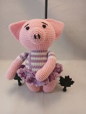 HANDMADE AMIGURUMI CROCHET GIRL PINK PYGLET WEARING PURPLE  WITHE DRESS. NEW.