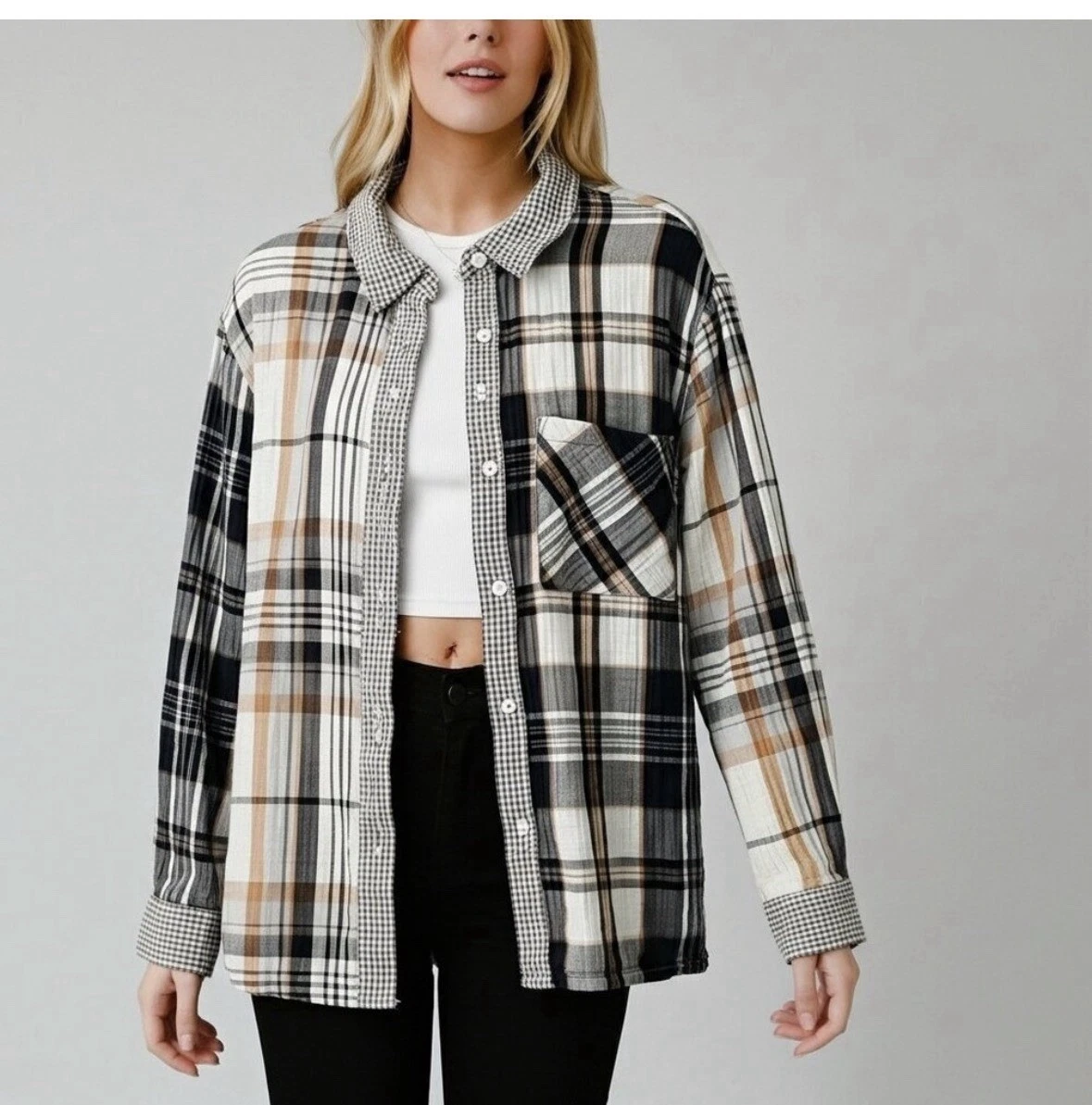 Aerie Flannel Shirt Brown White Plaid Button Up Long Sleeve Cotton Women’s Large