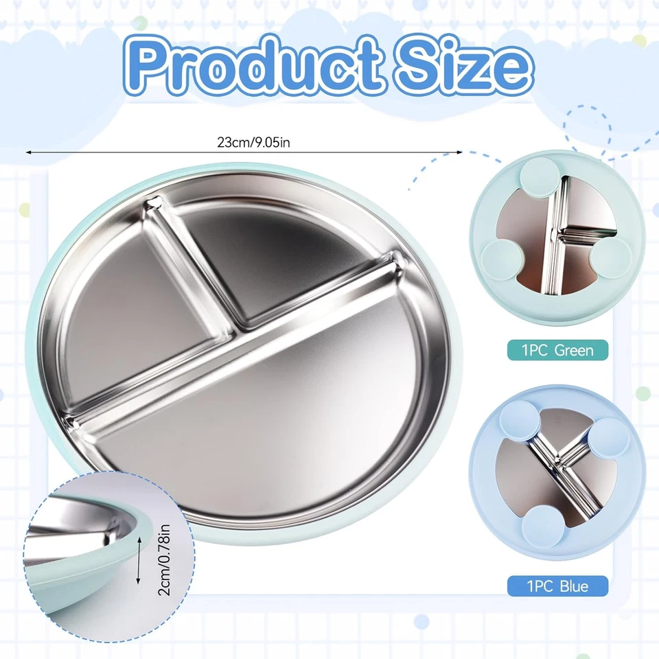 Baby Teller Edelstahl 23cm 2st Saugnapf rutschfest abnehmbarer Silikonbezug Kind - Bild 2 von 4