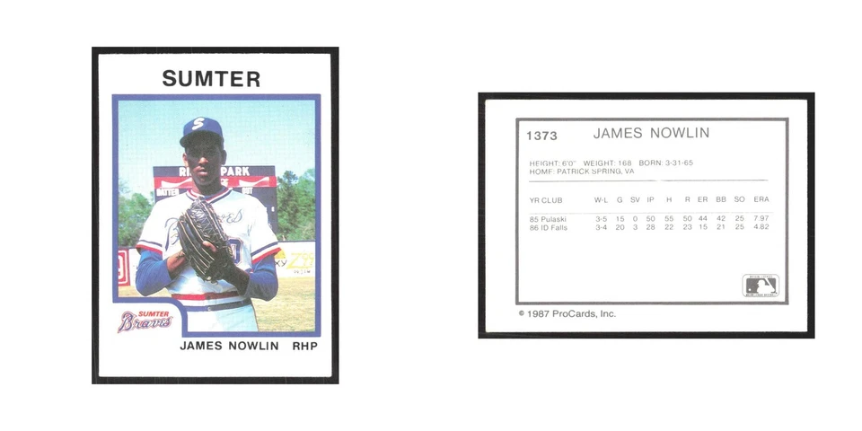 1987 ProCards Minor League James Nowlin Sumter Braves #1373 - Image 3 of 3
