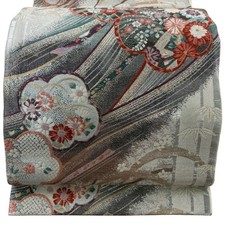 JAPANESE KIMONO BELT FUKURO OBI SILVER ROKUTSU-GARA PURE SILK DD8747