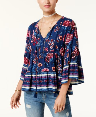 American Rag Juniors Printed Swing Peasant Top Blue Combo M