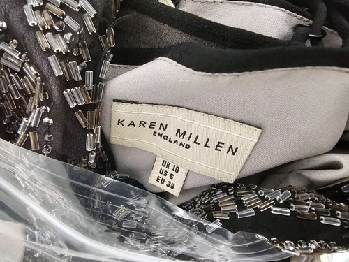 UK 10 KAREN MILLEN Vintage Black Silk Beaded Camisole Flare Dress Party Evening - Picture 9 of 11