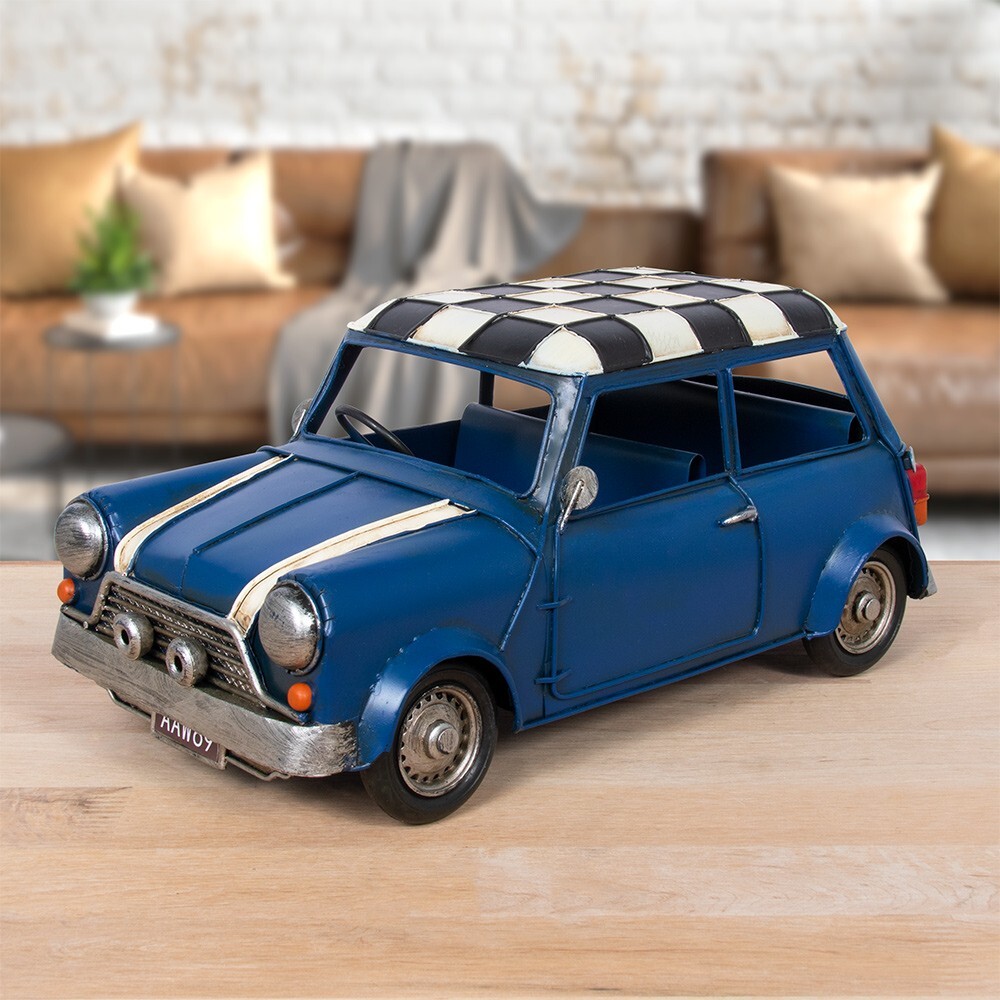Blue Mini Car Model Metal Tin Checkerboard Roof Mini Ornament | eBay