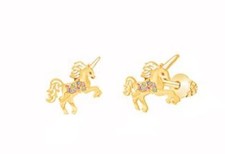 Goldtone  Pink Unicorn Stud Earrings