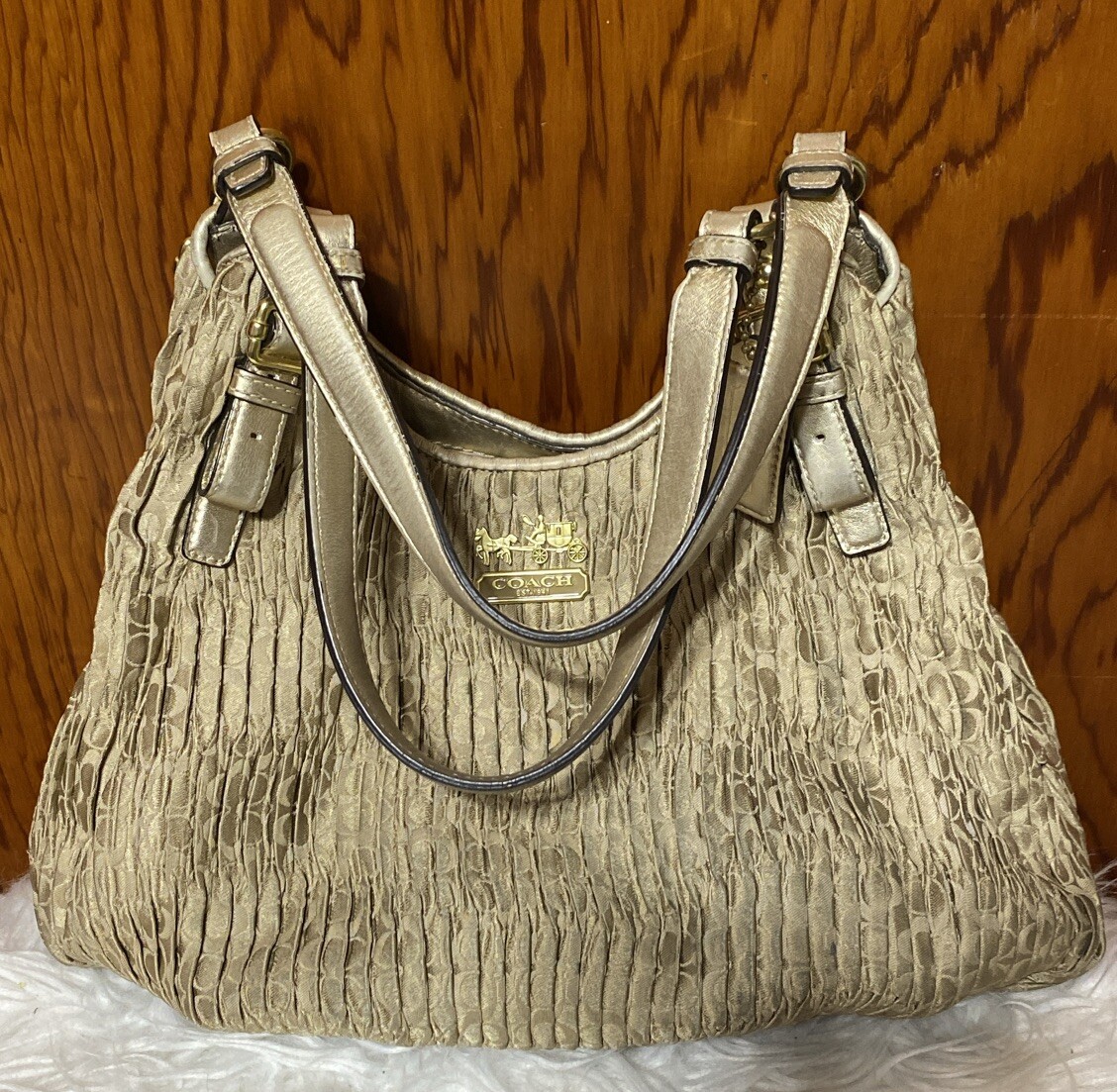COACH Madison Maggie Ruched HOBO Signature GOLD Pleated Shoulder