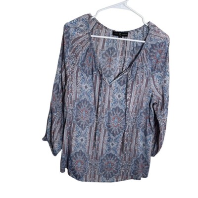 Fred David Blouse Women's Medium Printed V-Neck Tie 3/4 Sleeve Artsy Shirt Top